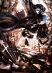  arm_cannon bad_id black_hair black_rock_shooter black_rock_shooter_(character) blue_eyes boots chain chains coat glowing glowing_eyes instocklee long_hair shorts solo twintails weapon 