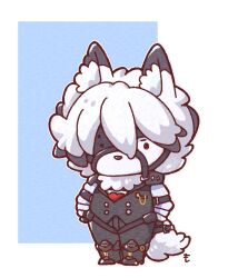  1boy animal_ears black_pants black_vest blue_background character_request chibi commentary_request eyepatch formal_clothes full_body furry furry_male highres male_focus mon_momu necktie pants red_necktie solo tail two-tone_background vest white_background white_hair wolf_boy wolf_ears wolf_tail zenless_zone_zero 