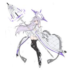  1girl absurdres boots check_copyright copyright_request elbow_gloves floating_headgear full_body gloves halo headgear high_heels highres holding holding_polearm holding_staff holding_weapon long_hair mechanical_halo mechanical_legs mika_030 original pink_hair polearm purple_halo shorts simple_background solo staff thigh-highs thigh_boots weapon white_background white_shorts 