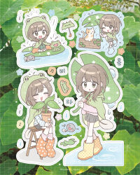  1girl blush brown_hair commentary_request fence food green_eyes highres hood korean_commentary moseori_studio multiple_persona one_eye_closed open_mouth original polka_dot rain shirt sitting skirt smile water 