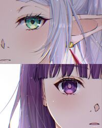  2girls closed_mouth commentary earrings elf fern_(sousou_no_frieren) frieren green_eyes highres jewelry multiple_girls omichi_1219 open_mouth pointy_ears purple_hair simple_background sousou_no_frieren teardrop_earrings untranslatable_commentary violet_eyes white_background white_hair 
