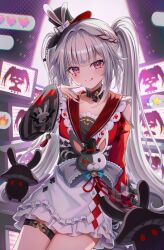  1girl black_choker black_hat braid choker clothing_cutout commentary diamond_(shape) diamond_facial_mark facial_mark hat heart heart_facial_mark highres honkai:_star_rail honkai_(series) long_hair mini_hat mini_top_hat oridays red_eyes red_shirt shirt shoulder_cutout skirt smile solo sparkle_(honkai:_star_rail) sparxie_(honkai:_star_rail) thigh_strap tongue tongue_out top_hat twintails white_hair white_skirt 