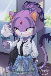  1girl alternate_costume alternate_hairstyle animal_nose artist_logo bag black_necktie blaze_the_cat blush cat_girl cat_tail charm_(object) clothes_around_waist embarrassed forehead_jewel furry furry_female gloves hair_between_fingers highres logo looking_to_the_side necktie open_mouth pleated_skirt purple_fur school_bag school_uniform scrunchie shirt skirt sleeves_rolled_up solo sonic_(series) sonic_the_hedgehog steffybs tail topknot white_gloves white_shirt wrist_scrunchie yellow_eyes 