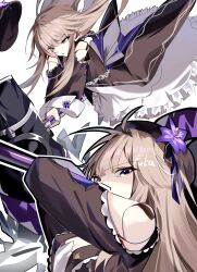  brown_hair commentary_request detached_sleeves dress flower fukafuka_ekaki hair_flower hair_ornament hammer hat herta_(honkai:_star_rail) highres holding holding_hammer honkai:_star_rail honkai_(series) long_hair looking_at_viewer multiple_views simple_background violet_eyes white_background white_dress 