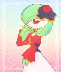  1girl bob_cut clothed_pokemon colored_skin commentary_request dress floral_background from_side gardevoir gardevoir_(aristocrat) gradient_background green_hair green_skin heart looking_at_viewer multicolored_skin pokemon pokemon_(creature) pokemon_unite red_eyes two-tone_skin white_dress white_skin yuri_(fl0werspace) 