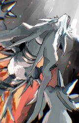  blue_eyes blue_sclera claws colored_sclera commentary_request dragon fangs fire flying highres no_humans open_mouth pokemon pokemon_(creature) pokemon_black_and_white pokemon_focus reshiram srseyo_o 