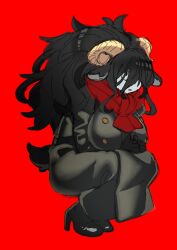  1girl animal_ears big_hair black_coat black_eyes black_gloves black_hair boots coat curled_horns eyes_visible_through_hair fluffy_hair gloves hair_over_one_eye high_heel_boots high_heels highres horns long_bangs long_hair messy_hair open_mouth original own_hands_together pale_skin rao_(live-w) red_background red_scarf scarf sheep_ears sheep_girl sheep_horns sheep_tail squatting sweatdrop tail 