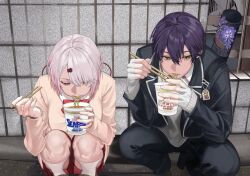  1boy 1girl bandaged_hand bandages blazer bow bowtie cardigan chopsticks closed_eyes commentary_request eating green_eyes hair_between_eyes highres instant_cup_noodles instant_noodles jacket kenmochi_touya kenmochi_touya_(1st_costume) long_hair low_ponytail necktie nijisanji outdoors pink_hair ponytail purple_hair school_uniform shiina_yuika shiina_yuika_(1st_costume) short_hair squatting virtual_youtuber yo_ho69 