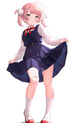  1girl absurdres ahoge blonde_hair blue_dress bow bowtie closed_mouth commentary_request dress from_below full_body green_eyes hair_intakes hair_ornament highres holding_own_skirt indie_virtual_youtuber kneehighs kudok87 light_blush looking_at_viewer mary_janes medium_hair pinafore_dress pom_pom_(clothes) pom_pom_hair_ornament red_bow red_bowtie shigure_ui_(vtuber) shirt shoes short_twintails sidelocks simple_background sleeveless sleeveless_dress smile socks solo standing tachi-e twintails virtual_youtuber white_background white_shirt white_socks 