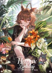  1girl agnes_tachyon_(umamusume) animal_ears birthday black_pajamas brown_hair cake character_request commentary_request cup drinking_glass flower food grin hair_ornament happy_birthday head_on_hand horse_ears leaf looking_at_viewer manhattan_cafe_(umamusume) pajamas plant red_eyes seductive_smile short_hair smile solo umamusume welchino wine_glass 