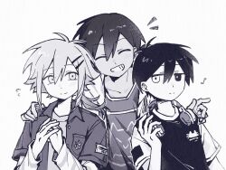  3boys alternate_costume alternate_hairstyle antenna_hair basil_(faraway)_(omori) basil_(omori) breast_pocket chinese_commentary collared_jacket commentary_request dark-skinned_male dark_skin double-parted_bangs greyscale grin hair_between_eyes hair_ornament hairclip headphones headphones_around_neck heterochromia highres jacket kel_(faraway)_(omori) kel_(omori) long_sleeves low_ponytail male_focus monochrome multiple_boys musical_note omori open_clothes open_jacket open_mouth parallel_hairclips pocket ponytail short_hair short_ponytail short_sleeves sidelocks simple_background smile spoilers sunny_(omori) sweater_vest teeth yh_sleeping 