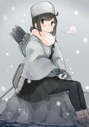  1girl black_hair black_pantyhose black_skirt blush closed_mouth commentary fubuki_(kancolle) green_eyes grey_hat hat highres kantai_collection ma_rukan making-of_available pantyhose pleated_skirt ponytail rock short_hair short_ponytail signature sitting skirt solo torpedo 