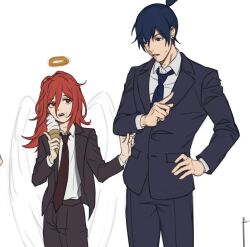  2boys angel angel_devil_(chainsaw_man) angel_wings black_hair black_jacket black_necktie black_pants black_suit chainsaw_man collared_shirt commentary feathered_wings food formal_clothes halo hayakawa_aki highres holding holding_food holding_ice_cream ice_cream ice_cream_cone jacket long_hair male_focus mika_030 multiple_boys necktie orange_sailor_collar pants sailor_collar shirt shirt_tucked_in simple_background suit suit_jacket topknot traditional_halo white_background white_shirt white_wings wings 