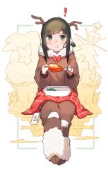  ! 1girl absurdres alternate_costume animal_costume chicken_(food) chicken_leg closed_mouth commentary_request eating fake_antlers food fubuki_(kancolle) full_body fur_trim green_eyes highres holding holding_food kantai_collection looking_at_viewer ma_rukan medium_hair reindeer_costume rigging sidelocks solo 
