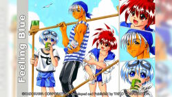  2000s_(style) 3boys aleph_coulson atelier-moo black_pants blue_eyes blue_hair blue_shorts brown_eyes can christpher_cross cleaning_brush closed_mouth collarbone drink foot_out_of_frame game_cg hair_between_eyes holding holding_brush holding_can hood hoodie male_focus multiple_boys non-web_source official_art open_mouth outdoors pants pete_ross red_eyes red_hair shirt short_hair shorts side-by-side signature sky sleeveless sleeveless_shirt sleeves_rolled_up smile standing striped_clothes striped_shirt t-shirt tank_top white_hair yuukyuu_gensoukyoku 