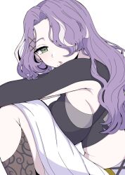  1girl amemnst222 blush breasts green_eyes hair_over_one_eye half-closed_eyes highres largamente_(monster_strike) large_breasts long_hair midriff mole mole_under_mouth monster_strike multicolored_hair purple_hair sidelocks sitting skirt solo streaked_hair white_background white_hair 