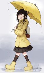 1girl ^_^ absurdres backpack bag black_hair black_skirt black_socks blush boots closed_eyes commentary_request fubuki_(kancolle) fubuki_kai_ni_(kancolle) full_body highres holding holding_umbrella kantai_collection kneehighs long_sleeves ma_rukan open_mouth pleated_skirt raincoat rubber_boots short_hair skirt smile socks solo umbrella walking yellow_raincoat 