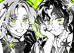  2girls black_gloves black_hair blush choker commentary dress ear_piercing earrings gloves green_background greyscale_with_colored_background hand_on_own_chin jewelry kininatteru_hito_ga_otoko_ja_nakatta koga_mitsuki looking_at_viewer mole mole_under_eye multiple_girls oosawa_aya open_mouth piercing shainess smile star_(symbol) star_earrings tomboy untranslatable_commentary 