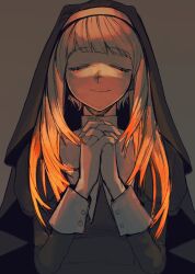  1girl amo_empool black_dress black_veil closed_eyes closed_mouth commentary_request dress gachiakuta glowing glowing_hair gradient_hair grey_background highres juliet_sleeves keuaag korean_commentary long_sleeves multicolored_hair nun nun_headdress orange_hair overlighting own_hands_clasped own_hands_together praying puffy_sleeves simple_background smile solo underlighting veil 