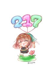  1girl 217find! :d ^_^ animal animification balloon black_cat blush brown_hair cat closed_eyes commentary_request date_pun floating flower hanamiya_nina hanamiya_nina_(style) highres holding holding_animal holding_cat long_hair meiji_(mosamoo3) mole mole_under_eye motion_lines number_balloon number_pun open_mouth pink_flower real_life simple_background smile solo twitter_username voice_actor white_background 