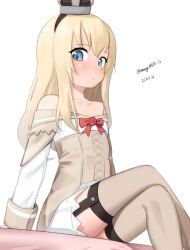  1girl absurdres alternate_breast_size_(smaller) black_hairband blonde_hair blue_eyes blush brown_dress brown_thighhighs collarbone dated dress flat_chest garter_straps hair_between_eyes hairband hat highres kantai_collection looking_at_viewer lying maru_(marg0613) mini_hat pout sidelocks signature simple_background sitting solo strapless strapless_dress thigh-highs warspite_(kancolle) white_background 