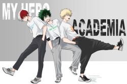  3boys bakugou_katsuki black_pants blonde_hair blue_eyes boku_no_hero_academia commentary_request copyright_name freckles full_body green_eyes green_hair grey_pants hands_in_pockets highres male_focus midoriya_izuku multicolored_hair multiple_boys oroshi_mi pants red_hair shirt shirt_tucked_in shoes short_hair spiky_hair standing standing_on_one_leg todoroki_shoto twitter_username two-tone_hair watermark white_hair white_shirt 