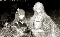  1boy 1girl alternate_costume alternate_universe artist_name birdcage bridal_gauntlets cage closed_eyes closed_mouth collarbone commentary commission couple crystalfly_(genshin_impact) dated_commentary drosaxx floating flower genshin_impact hair_ornament hair_over_one_eye height_difference highres holding holding_cage holding_flower humanization japanese_clothes kimono long_hair long_sleeves looking_at_viewer looking_to_the_side mojihuaran mole mole_under_eye monochrome neck_ribbon orobashi_(genshin_impact) raiden_shogun ribbon sash snake_boy standing upper_body wide_sleeves 