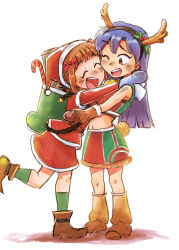  2girls :d ;d amami_haruka antlers blue_hair boots bow brown_boots brown_eyes brown_hair candy candy_cane christmas closed_eyes fake_antlers food full_body hair_bow hat horns hug idolmaster idolmaster_(classic) jacket kisaragi_chihaya long_hair looking_at_another mittens multiple_girls one_eye_closed red_bow red_hat red_jacket red_skirt reindeer_antlers santa_costume santa_hat short_hair simple_background skirt smile standing standing_on_one_leg tsubobot white_background 