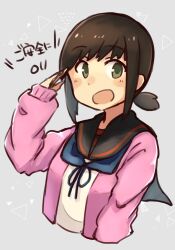  1girl absurdres artist_logo black_eyes black_hair black_sailor_collar cardigan commentary_request cropped_torso fubuki_(kancolle) fubuki_kai_ni_(kancolle) grey_background highres kantai_collection logo looking_at_viewer low_ponytail ma_rukan pink_cardigan ponytail sailor_collar salute school_uniform serafuku short_ponytail sidelocks smile solo translation_request upper_body 