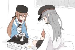  2girls black_bow black_pantyhose black_skirt blue_shawl bow brown_hair commentary_request fur_hat gangut_(kancolle) grey_hair hair_between_eyes hair_bow hat indoors jacket jacket_on_shoulders kantai_collection kuuru_(kuuru-n) long_hair long_sleeves low_twintails military military_jacket military_uniform miniskirt multiple_girls naval_uniform pantyhose papakha peaked_cap red_shirt russian_clothes scarf shawl shirt sitting skirt star_(symbol) string tashkent_(kancolle) teruterubouzu tissue_box twintails wariza white_jacket white_scarf window 