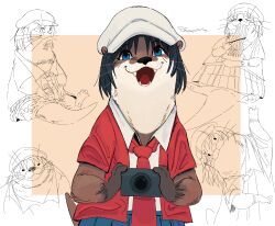  1girl animal_ears beret black_hair blue_eyes blue_skirt brown_fur camera city_(arawi_keiichi) commission eating fangs food furrification furry furry_female hair_between_eyes hat highres holding holding_camera izumi_wako jacket multiple_views necktie newsboy_cap noodles open_mouth otter otter_ears otter_girl otter_tail pepponeppo ramen red_jacket red_necktie shirt short_sleeves signature skirt smile tail white_fur white_shirt 