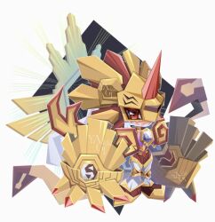  1girl amaterasumon chibi digimon digimon_(creature) full_body gauntlets helmet red_eyes simple_background solo white_background yagi_kiki 