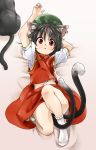  :&lt; animal_ears arm_behind_head arm_up black_hair bobby_socks cat cat_ears cat_tail chen earrings fenne from_above hat jewelry legs looking_at_viewer lying midriff multiple_tails navel on_back phenne short_hair skirt skirt_set socks solo tail tareme touhou white_legwear wide-eyed wide_eyed 