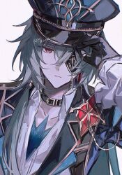  1boy adjusting_clothes adjusting_headwear anaxa_(honkai:_star_rail) aqua_hair belt_collar black_gloves black_jacket chain closed_mouth collar collarbone earrings eyepatch gem gloves hair_between_eyes hair_intakes hand_up hat highres honkai:_star_rail honkai_(series) jacket jewelry lapels long_hair looking_at_viewer male_focus mandarin_collar mg_omom notched_lapels one_eye_covered open_clothes open_shirt red_gem shirt side_ponytail simple_background single_earring solo twitter_username white_background white_shirt 