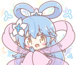  1girl :d ahoge blue_hair blush_stickers braid brown_eyes chibi commentary_request cosplay fang flower gradient_hair hagoromo hair_between_eyes hair_flower hair_ornament hair_rings heart heart_ahoge highres hololive japanese_clothes japanese_mythology kimono long_hair long_sleeves looking_at_viewer mitarashi_neko multicolored_hair orihime_(tanabata) orihime_(tanabata)_(cosplay) pink_hair pink_kimono pointy_ears see-through_clothes shawl sleeves_past_fingers sleeves_past_wrists smile solo star_(symbol) streaked_hair tanabata tanzaku very_long_hair virtual_youtuber white_background white_flower yukihana_lamy 