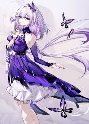 1girl bare_shoulders breasts bug butterfly castorice_(gossamer_flutter)_(honkai:_star_rail) castorice_(honkai:_star_rail) commentary_request detached_sleeves dress fukafuka_ekaki hair_ornament hand_up highres honkai:_star_rail honkai_(series) light_smile long_hair looking_at_viewer low_twintails medium_breasts nail_polish pointy_ears purple_dress purple_hair simple_background solo twintails twitter_username very_long_hair violet_eyes zoom_layer 