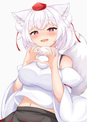  1girl absurdres animal_ear_fluff animal_ears belly black_skirt blush breasts commentary_request detached_sleeves eyelashes facing_viewer fang fluffy_tail happy hat heart heart_hands highres inubashiri_momiji large_breasts large_tail looking_at_viewer navel open_mouth pom_pom_(clothes) red_eyes red_hat red_skirt skirt smile tail tengu touhou upper_body user_vehc5838 white_background white_hair white_tail wolf_ears wolf_girl wolf_tail 