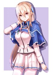  1girl absurdres arm_behind_head blonde_hair blue_capelet capelet hair_ornament heaven_burns_red highres long_hair looking_at_viewer pantyhose pink_eyes satoumizu_44 school_uniform shirakawa_yuina simple_background skirt white_pantyhose 