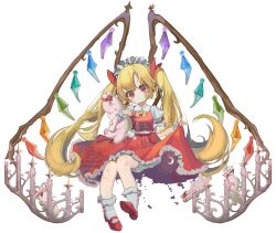  1girl alternate_hair_length_(longer) blonde_hair bow bowtie collared_shirt commentary_request flandre_scarlet frilled_skirt frills hair_bow hair_ornament hat heart highres holding_own_skirt long_hair looking_at_viewer mary_janes mimim3kn mob_cap red_bow red_eyes red_skirt red_vest shirt shoes simple_background skirt solo stuffed_animal stuffed_rabbit stuffed_toy touhou upside-down_heart very_long_hair vest watermark white_background white_hat white_shirt wide_sleeves wings wrist_cuffs yellow_bow yellow_bowtie 