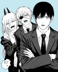  1girl 2boys blue_background blue_eyes chainsaw_man collared_shirt commentary_request crossed_arms demon_girl denji_(chainsaw_man) earrings eyepatch facing_viewer greyscale_with_colored_background hayakawa_aki highres horns jacket jewelry looking_at_viewer mekill215280 multiple_boys necktie open_mouth power_(chainsaw_man) sharp_teeth shirt short_hair speech_bubble suit suit_jacket suit_pants teeth tongue tongue_out translation_request 