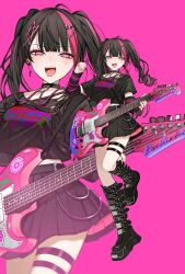  1girl absurdres black_boots boots commentary cross cross_earrings daimaou_ruaeru earrings electric_guitar full_body guitar highres idol instrument jewelry looking_at_viewer open_mouth original pink_background solo untranslatable_commentary 