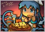  announcement_celebration blue_eyes blue_hair cake candle dress food futa_(out_of_fuel) happy happy_birthday happy_tears hat ikamusume long_hair shinryaku!_ikamusume solo tears tentacle_hair 