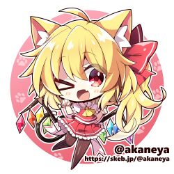  >_o 1girl ;d ahoge akaneya animal_ear_fluff animal_ears ascot blonde_hair blush_stickers border brown_pantyhose cat_ears cat_girl cat_tail character_request collared_shirt commentary_request copyright_request crystal_wings double-parted_bangs fang flandre_scarlet frilled_shirt_collar frilled_skirt frilled_sleeves frills full_body hair_between_eyes hands_up kemonomimi_mode long_hair looking_at_viewer lowres miniskirt multicolored_wings one_eye_closed open_mouth outline outside_border pantyhose paw_pose pink_background pleated_skirt red_eyes red_skirt red_vest round_border shirt short_sleeves side_ponytail skin_fang skirt skirt_set smile solo standing standing_on_one_leg tail touhou twitter_username vest web_address white_border white_outline white_shirt wings yellow_ascot 