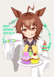  1girl agnes_tachyon_(umamusume) animal_ears birthday black_necktie black_shirt brown_hair collared_shirt commentary_request cupcake earrings food hair_between_eyes happy_birthday holding holding_plate holding_test_tube horse_ears horse_girl jewelry lab_coat lapels licking_lips looking_at_viewer medium_hair necktie notched_lapels plate red_eyes shirt short_necktie sidelocks single_earring sleeves_past_fingers sleeves_past_wrists solo sweater_vest test_tube tongue tongue_out umamusume upper_body white_background wide_sleeves yamawasabi_umai yellow_sweater_vest 