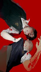  2boys blood blood_on_arm blood_on_face bullworth_academy_school_uniform bully_(game) clothes_grab commentary crowsmurderer gary_smith grabbing_another's_shirt grin highres jimmy_hopkins male_focus multiple_boys realistic red_background school_uniform shirt simple_background smile teeth upper_body vest white_shirt 