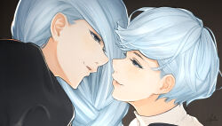  1boy 1girl blue_eyes blue_hair braid brown_background commentary_request hetero highres igawa333 incest jujutsu_kaisen long_hair looking_at_viewer mei_mei_(jujutsu_kaisen) short_hair siblings simple_background ui_ui_(jujutsu_kaisen) upper_body 