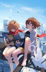  11173 2girls absurdres acoustic_guitar ahoge antlers bird blue_sky brown_hair bubble building cityscape closed_eyes clouds commentary guitar hair_between_eyes hair_ornament hanser_(vtuber) highres horns indie_utaite instrument jacket kano_(utaite) multiple_girls music open_mouth playing_guitar playing_instrument red_ribbon red_scarf ribbon scarf shirt short_hair sky skyscraper smile soap_bubbles t-shirt 