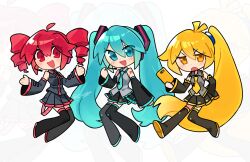  3girls akita_neru blonde_hair blue_eyes blue_hair boots cellphone cio_(ciosui) collared_shirt commentary detached_sleeves drill_hair full_body hair_ornament hand_on_own_hip hatsune_miku headset highres holding holding_phone jitome kasane_teto kasane_teto_(utau) long_hair long_sleeves looking_to_the_side multiple_girls necktie open_mouth phone pleated_skirt red_eyes red_hair shirt side_ponytail skirt sleeveless sleeveless_shirt smartphone smile thigh_boots triple_baka_(group) twin_drills twintails utau very_long_hair vocaloid yellow_eyes zoom_layer 