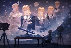  6+boys absurdres age_comparison aged_down ahoge alkaid_mcgrath alkaid_mcgrath_(awakening) alkaid_mcgrath_(eden) alkaid_mcgrath_(godheim) alkaid_mcgrath_(legendary_whale_song) alkaid_mcgrath_(spirit_world) antlers aqua_necktie arm_support ascot backlighting bellows_camera black_cape black_gloves black_shorts blonde_hair blue_cardigan book book_stack bracer buttons camera cape cardigan celestial_globe chinese_commentary closed_eyes closed_mouth collared_shirt commentary_request constellation crescent crescent_necklace cup dated deer_antlers diagonal-striped_clothes diagonal-striped_necktie diamond_button earrings expressionless facing_away frilled_gloves frills full_body gloves gold_necklace green_eyes grey_vest hair_between_eyes hand_chains hand_up head_chain herbarium highres holding holding_cup holding_plant holding_saucer hoop_earrings horns jacket jewelry lapels light_particles long_sleeves looking_at_object looking_at_viewer lovebrush_chronicles low_ponytail male_focus medium_hair mobile multiple_boys multiple_persona necklace necktie observatory open_cardigan open_clothes open_hand open_jacket open_robe orb parted_lips planet plant ponytail profile ranxizi ring robe saucer see-through_clothes shirt short_sleeves shorts side_cape sideways_glance single_antler sitting sky small_stellated_dodecahedron smile star_(sky) star_(symbol) stargazing starry_sky stool striped_clothes suit_jacket suspenders table teacup telescope tie_clip upper_body vest vines white_ascot white_gloves white_jacket white_robe white_shirt white_vest 