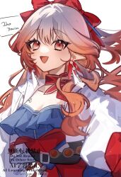  1girl :d arknights blush bow gomago_magoma hair_bow haruka_(arknights) highres jacket long_hair long_sleeves looking_at_viewer one-hour_drawing_challenge open_clothes open_jacket open_mouth pink_hair pointy_ears red_bow red_eyes simple_background smile solo upper_body very_long_hair watermark white_background white_jacket 